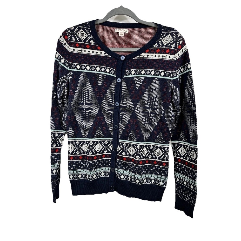 Merona Fair Isle Cardigan Sweater Womens Small Navy‎ Blue Cotton Geometric Boho